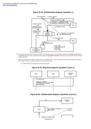 9 : Destroy ( )
Figure B-33. Collaboration diagram (question 1)
2. The following describes the figure: there are three elements, named Section, Report, and OutputDeviceInterface.
The Report element has a Use relationship with the OutputDeviceInterface element and a Has relationship with the
Section element.
Because these figures show an interaction and collaboration, each step adds to the previous step; otherwise,
the notion of when a communication occurs would be lost!
a. Figure B-34 and Figure B-35 show the figures.
Figure B-34. Sequence diagram (question 2 part a)
Figure B-35. Collaboration diagram (question 2 part a)
Страница 271
This document is created with a trial version of CHM2PDF Pilot
http://www.colorpilot.com
 