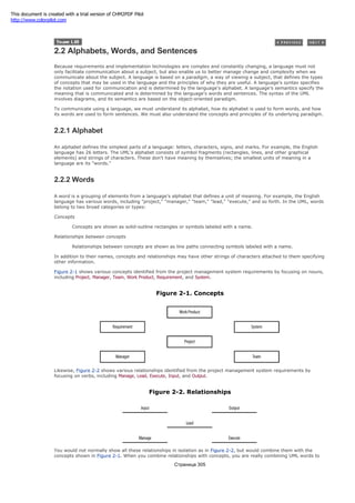 2.2 Alphabets, Words, and Sentences
Because requirements and implementation technologies are complex and constantly changing, a language must not
only facilitate communication about a subject, but also enable us to better manage change and complexity when we
communicate about the subject. A language is based on a paradigm, a way of viewing a subject, that defines the types
of concepts that may be used in the language and the principles of why they are useful. A language's syntax specifies
the notation used for communication and is determined by the language's alphabet. A language's semantics specify the
meaning that is communicated and is determined by the language's words and sentences. The syntax of the UML
involves diagrams, and its semantics are based on the object-oriented paradigm.
To communicate using a language, we must understand its alphabet, how its alphabet is used to form words, and how
its words are used to form sentences. We must also understand the concepts and principles of its underlying paradigm.
2.2.1 Alphabet
An alphabet defines the simplest parts of a language: letters, characters, signs, and marks. For example, the English
language has 26 letters. The UML's alphabet consists of symbol fragments (rectangles, lines, and other graphical
elements) and strings of characters. These don't have meaning by themselves; the smallest units of meaning in a
language are its "words."
2.2.2 Words
A word is a grouping of elements from a language's alphabet that defines a unit of meaning. For example, the English
language has various words, including "project," "manager," "team," "lead," "execute," and so forth. In the UML, words
belong to two broad categories or types:
Concepts
Concepts are shown as solid-outline rectangles or symbols labeled with a name.
Relationships between concepts
Relationships between concepts are shown as line paths connecting symbols labeled with a name.
In addition to their names, concepts and relationships may have other strings of characters attached to them specifying
other information.
Figure 2-1 shows various concepts identified from the project management system requirements by focusing on nouns,
including Project, Manager, Team, Work Product, Requirement, and System.
Figure 2-1. Concepts
Likewise, Figure 2-2 shows various relationships identified from the project management system requirements by
focusing on verbs, including Manage, Lead, Execute, Input, and Output.
Figure 2-2. Relationships
You would not normally show all these relationships in isolation as in Figure 2-2, but would combine them with the
concepts shown in Figure 2-1. When you combine relationships with concepts, you are really combining UML words to
Страница 305
This document is created with a trial version of CHM2PDF Pilot
http://www.colorpilot.com
 