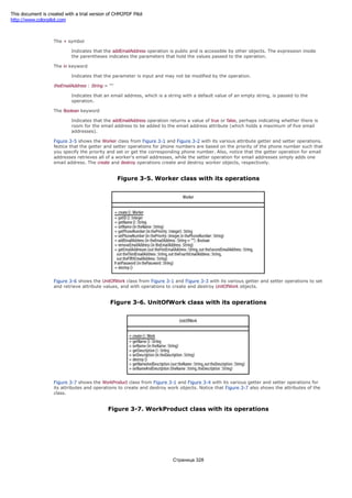 To summarize, this operation definition communicates the following:
The + symbol
Indicates that the addEmailAddress operation is public and is accessible by other objects. The expression inside
the parentheses indicates the parameters that hold the values passed to the operation.
The in keyword
Indicates that the parameter is input and may not be modified by the operation.
theEmailAddress : String = ""
Indicates that an email address, which is a string with a default value of an empty string, is passed to the
operation.
The Boolean keyword
Indicates that the addEmailAddress operation returns a value of true or false, perhaps indicating whether there is
room for the email address to be added to the email address attribute (which holds a maximum of five email
addresses).
Figure 3-5 shows the Worker class from Figure 3-1 and Figure 3-2 with its various attribute getter and setter operations.
Notice that the getter and setter operations for phone numbers are based on the priority of the phone number such that
you specify the priority and set or get the corresponding phone number. Also, notice that the getter operation for email
addresses retrieves all of a worker's email addresses, while the setter operation for email addresses simply adds one
email address. The create and destroy operations create and destroy worker objects, respectively.
Figure 3-5. Worker class with its operations
Figure 3-6 shows the UnitOfWork class from Figure 3-1 and Figure 3-3 with its various getter and setter operations to set
and retrieve attribute values, and with operations to create and destroy UnitOfWork objects.
Figure 3-6. UnitOfWork class with its operations
Figure 3-7 shows the WorkProduct class from Figure 3-1 and Figure 3-4 with its various getter and setter operations for
its attributes and operations to create and destroy work objects. Notice that Figure 3-7 also shows the attributes of the
class.
Figure 3-7. WorkProduct class with its operations
Страница 328
This document is created with a trial version of CHM2PDF Pilot
http://www.colorpilot.com
 