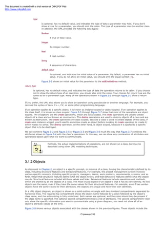 previous section.
type
Is optional, has no default value, and indicates the type of data a parameter may hold. If you don't
show a type for a parameter, you should omit the colon. The type of a parameter may be another class.
In addition, the UML provides the following data types:
Boolean
A true or false value.
Integer
An integer number.
Real
A real number.
String
A sequence of characters.
default_value
Is optional, and indicates the initial value of a parameter. By default, a parameter has no initial
value. If you do not show an initial value, you should omit the equal symbol (=).
Figure 3-5 shows an initial value for the parameter to the addEmailAddress method.
return_type
Is optional, has no default value, and indicates the type of data the operation returns to its caller. If you choose
not to show the return type of an operation, you should also omit the colon. Your choices for return type are the
same as for a parameter type. Many of the operations shown in Figure 3-5 through Figure 3-7 show a return
type.
If you prefer, the UML also allows you to show an operation using pseudocode or another language. For example, you
can use the syntax of Java, C++, C#, or some other programming language.
If an operation applies to a specific object, it is known as instance scoped or object scoped. If an operation applies to
the class itself, it is known as class scoped. Figure 3-5 through Figure 3-7 show that most of the operations are object
scoped. The exceptions are the create operations, which are class scoped. The create operations are used to create
objects of a class and are known as constructors. The destroy operations are used to destroy objects of a class and are
known as destructors. The create operations are class scoped, because a class is used to create objects of the class; if
create were instance scoped, you'd need to somehow create an object before invoking its create operation to create it,
which makes no sense. The destroy operation, on the other hand, is object scoped, because it is applied to a specific
object that is to be destroyed.
We can combine Figure 3-2 and Figure 3-5 or Figure 3-3 and Figure 3-6 much the way that Figure 3-7 combines the
attributes shown in Figure 3-4 with the class's operations. In this way, we can show any combination of attributes and
operations based upon what we want to communicate.
Methods, the actual implementations of operations, are not shown on a class, but may be
described using other UML modeling techniques.
3.1.2 Objects
As discussed in Chapter 2, an object is a specific concept, or instance of a class, having the characteristics defined by its
class, including structural features and behavioral features. For example, the project management system involves
various specific concepts, including specific projects, managers, teams, work products, requirements, systems, and so
forth. Recall that structural features define what the object knows, and that behavioral features define what the object
can do. Structural features included attribute values and links. Behavioral features include operations and methods,
which are shared by all the objects of a class. The most crucial aspect of an object is that it has its own identity. No two
objects are the same, even if they have the same values for their structural features. For example, even if two worker
objects have the same values for their attributes, the objects are unique and have their own identities.
In a UML object diagram, an object is shown as a solid-outline rectangle with two standard compartments separated by
horizontal lines. The required top compartment shows the object name followed by a colon followed by the object's
class name, and the entire string is fully underlined. Both names are optional, and the colon should only be present if
the class name is specified. The optional second compartment shows a list of attributes. The second compartment need
only show the specific information you want to communicate using a given diagram; you need not show all of an
object's attribute values all the time.
Figure 3-8 shows various objects associated with the classes shown in the previous figures. These objects include the
Страница 330
This document is created with a trial version of CHM2PDF Pilot
http://www.colorpilot.com
 