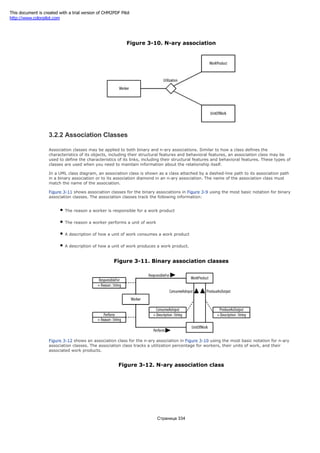 perspective, a worker is responsible for work products and performs units of work.
Figure 3-10. N-ary association
3.2.2 Association Classes
Association classes may be applied to both binary and n-ary associations. Similar to how a class defines the
characteristics of its objects, including their structural features and behavioral features, an association class may be
used to define the characteristics of its links, including their structural features and behavioral features. These types of
classes are used when you need to maintain information about the relationship itself.
In a UML class diagram, an association class is shown as a class attached by a dashed-line path to its association path
in a binary association or to its association diamond in an n-ary association. The name of the association class must
match the name of the association.
Figure 3-11 shows association classes for the binary associations in Figure 3-9 using the most basic notation for binary
association classes. The association classes track the following information:
The reason a worker is responsible for a work product
The reason a worker performs a unit of work
A description of how a unit of work consumes a work product
A description of how a unit of work produces a work product.
Figure 3-11. Binary association classes
Figure 3-12 shows an association class for the n-ary association in Figure 3-10 using the most basic notation for n-ary
association classes. The association class tracks a utilization percentage for workers, their units of work, and their
associated work products.
Figure 3-12. N-ary association class
Страница 334
This document is created with a trial version of CHM2PDF Pilot
http://www.colorpilot.com
 