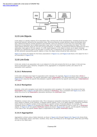 Figure 3-20. N-ary link
3.2.5 Link Objects
A link object is a specific instance of an association class, and thus has all the characteristics, including structural and
behavioral features, defined by the association class. Structural features include attribute values and perhaps other
links. Behavioral features include operations and methods, which are shared by all the links of an association class.
Whenever an association has a related association class, each of its links has a corresponding link object. This link
object defines attribute values for the link's structural features. In addition, the behavioral features defined by the link's
association class apply to the link objects. In a UML object diagram, a link object is shown as an object rectangle
attached by a dashed-line path to its link path in a binary link, or attached to its link diamond in an n-ary link. As with
all UML elements representing specific objects or links, link object names should be fully underlined.
Figure 3-19 shows link objects for the binary associations in Figure 3-13, and Figure 3-20 shows a link object for the n-
ary association in Figure 3-14.
3.2.6 Link Ends
A link end, similar to an association end, is an endpoint of a link and connects the link to an object. A link end may
show its association end's rolename, navigation arrow, aggregation or composition symbol, and values for its
association end's qualifiers.
3.2.6.1 Rolenames
A link end's rolename must match its association end's rolename. For example, Figure 3-13 shows that a Worker is
responsible for a WorkProduct. The specific association used is ResponsibleFor; this same association name is used again in
Figure 3-19 to describe the specific links between a specific Worker and the two specific work products: ProblemStatement
and System.
3.2.6.2 Navigation
Likewise, a link end's navigation must match its association end's navigation. For example, the arrows on the two
ResponsibleFor links in Figure 3-19 both point to instances of WorkProduct. This is consistent with Figure 3-13, which
shows the arrow for the ResponsibleFor association pointing to the WorkProduct class.
3.2.6.3 Multiplicity
Multiplicity is shown only on association ends. This is because an association describes the multiplicity between two or
more classes of objects. A link however, is between specific objects. Thus, in an object diagram, multiplicity manifests
itself in terms of a specific number of links pointing to a specific number of discrete objects. For example, the
multiplicity shown in Figure 3-13 indicates that a Worker object may be responsible for zero to many (0..*) WorkProduct
objects. In Figure 3-19, two specific WorkProduct objects are shown. Figure 3-19 is specific, and the specific multiplicity
in this case is two: the specific Worker object is responsible for two specific WorkProduct objects.
3.2.6.4 Aggregation
Aggregation is shown using a hollow diamond, as shown in Figure 3-21 through Figure 3-23. Figure 3-21 shows three
teams named Eagle, Falcon, and Hawk. Jonathan, Andy, Nora, and Phillip are on the Eagle team, while Nora and Phillip
are also on the Hawk team.
Страница 340
This document is created with a trial version of CHM2PDF Pilot
http://www.colorpilot.com
 