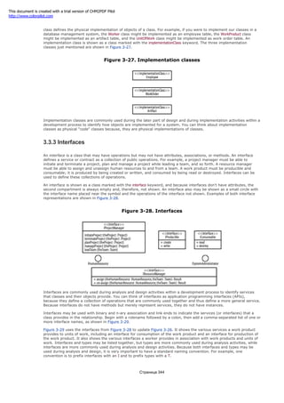 An implementation class is a class that may have attributes, associations, operations, and methods. An implementation
class defines the physical implementation of objects of a class. For example, if you were to implement our classes in a
database management system, the Worker class might be implemented as an employee table, the WorkProduct class
might be implemented as an artifact table, and the UnitOfWork class might be implemented as work order table. An
implementation class is shown as a class marked with the implementationClass keyword. The three implementation
classes just mentioned are shown in Figure 3-27.
Figure 3-27. Implementation classes
Implementation classes are commonly used during the later part of design and during implementation activities within a
development process to identify how objects are implemented for a system. You can think about implementation
classes as physical "code" classes because, they are physical implementations of classes.
3.3.3 Interfaces
An interface is a class that may have operations but may not have attributes, associations, or methods. An interface
defines a service or contract as a collection of public operations. For example, a project manager must be able to
initiate and terminate a project, plan and manage a project while leading a team, and so forth. A resource manager
must be able to assign and unassign human resources to and from a team. A work product must be producible and
consumable; it is produced by being created or written, and consumed by being read or destroyed. Interfaces can be
used to define these collections of operations.
An interface is shown as a class marked with the interface keyword, and because interfaces don't have attributes, the
second compartment is always empty and, therefore, not shown. An interface also may be shown as a small circle with
the interface name placed near the symbol and the operations of the interface not shown. Examples of both interface
representations are shown in Figure 3-28.
Figure 3-28. Interfaces
Interfaces are commonly used during analysis and design activities within a development process to identify services
that classes and their objects provide. You can think of interfaces as application programming interfaces (APIs),
because they define a collection of operations that are commonly used together and thus define a more general service.
Because interfaces do not have methods but merely represent services, they do not have instances.
Interfaces may be used with binary and n-ary association and link ends to indicate the services (or interfaces) that a
class provides in the relationship. Begin with a rolename followed by a colon, then add a comma-separated list of one or
more interface names, as shown in Figure 3-29.
Figure 3-29 uses the interfaces from Figure 3-28 to update Figure 3-26. It shows the various services a work product
provides to units of work, including an interface for consumption of the work product and an interface for production of
the work product. It also shows the various interfaces a worker provides in association with work products and units of
work. Interfaces and types may be listed together, but types are more commonly used during analysis activities, while
interfaces are more commonly used during analysis and design activities. Because both interfaces and types may be
used during analysis and design, it is very important to have a standard naming convention. For example, one
convention is to prefix interfaces with an I and to prefix types with a T.
Страница 344
This document is created with a trial version of CHM2PDF Pilot
http://www.colorpilot.com
 
