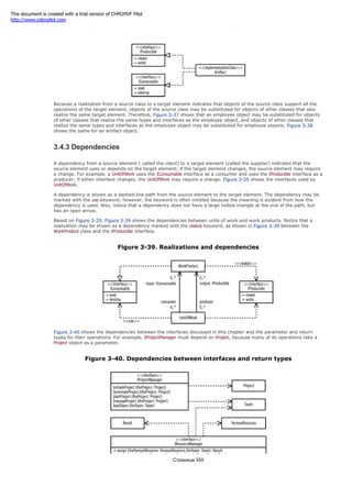 Figure 3-38. Realizations for the Artifact implementation class
Because a realization from a source class to a target element indicates that objects of the source class support all the
operations of the target element, objects of the source class may be substituted for objects of other classes that also
realize the same target element. Therefore, Figure 3-37 shows that an employee object may be substituted for objects
of other classes that realize the same types and interfaces as the employee object, and objects of other classes that
realize the same types and interfaces as the employee object may be substituted for employee objects. Figure 3-38
shows the same for an artifact object.
3.4.3 Dependencies
A dependency from a source element ( called the client) to a target element (called the supplier) indicates that the
source element uses or depends on the target element; if the target element changes, the source element may require
a change. For example, a UnitOfWork uses the IConsumable interface as a consumer and uses the IProducible interface as a
producer; if either interface changes, the UnitOfWork may require a change. Figure 3-29 shows the interfaces used by
UnitOfWork.
A dependency is shown as a dashed-line path from the source element to the target element. The dependency may be
marked with the use keyword; however, the keyword is often omitted because the meaning is evident from how the
dependency is used. Also, notice that a dependency does not have a large hollow triangle at the end of the path, but
has an open arrow.
Based on Figure 3-29, Figure 3-39 shows the dependencies between units of work and work products. Notice that a
realization may be shown as a dependency marked with the realize keyword, as shown in Figure 3-39 between the
WorkProduct class and the IProducible interface.
Figure 3-39. Realizations and dependencies
Figure 3-40 shows the dependencies between the interfaces discussed in this chapter and the parameter and return
types for their operations. For example, IProjectManager must depend on Project, because many of its operations take a
Project object as a parameter.
Figure 3-40. Dependencies between interfaces and return types
Страница 350
This document is created with a trial version of CHM2PDF Pilot
http://www.colorpilot.com
 