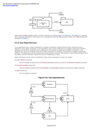 Figure 5-7. Reside dependencies using nesting
Notice that the Utility package resides in all the components in Figures Figure 5-5, Figure 5-6, and Figure 5-7, because
each component described in those figures has a package that uses the Utility package. Details of the Utility package are
discussed in Chapter 3.
5.3.2 Use Dependencies
A use dependency from a client component to a supplier component indicates that the client component uses or
depends on the supplier component. A use dependency from a client component to a supplier component's interface
indicates that the client component uses or depends on the interface provided by the supplier component. A use
dependency is shown as a dashed arrow from a client component to a supplier component or a supplier component's
interface. The dependency may be marked with the use keyword; however, the keyword is often omitted because this is
the default, and the meaning is evident from how the dependency is used.
Figure 5-8 shows how the various components of the project management system are related:
The User Interface component
Uses the Security component and the IBusiness Processing interface provided by the Business Processing component
The Business Processing component
Uses the Security component and the IProducible and IConsumable interfaces provided by the Data component
The Data component
Uses the Security component
Figure 5-8. Use dependencies
Страница 378
This document is created with a trial version of CHM2PDF Pilot
http://www.colorpilot.com
 
