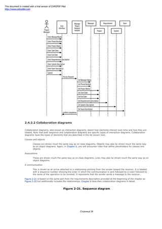 Figure 2-20. Sequence diagram
2.4.2.2 Collaboration diagrams
Collaboration diagrams, also known as interaction diagrams, depict how elements interact over time and how they are
related. Note that both sequence and collaboration diagrams are specific types of interaction diagrams. Collaboration
diagrams have the types of elements that are described in the list shown next.
Classes and objects
Classes are shown much the same way as on class diagrams. Objects may also be shown much the same way
as on object diagrams. Again, in Chapter 6, you will encounter roles that define placeholders for classes and
objects.
Associations
These are shown much the same way as on class diagrams. Links may also be shown much the same way as on
object diagrams.
A communication
This is shown as an arrow attached to a relationship pointing from the sender toward the receiver. It is labeled
with a sequence number showing the order in which the communication is sent followed by a colon followed by
the name of the operation to be invoked. It represents that the sender sends a message to the receiver.
Figure 2-21 is based on the same part from the requirements description provided at the beginning of the chapter as
Figure 2-20 but additionally includes the relationships. Chapter 6 describes collaboration diagrams in detail.
Figure 2-21. Sequence diagram
Страница 38
This document is created with a trial version of CHM2PDF Pilot
http://www.colorpilot.com
 