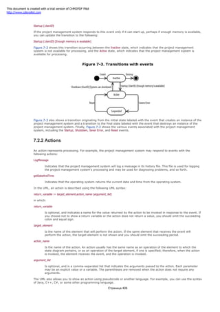 If this event requires the user's identification, you can update the event to the following:
Startup (UserID)
If the project management system responds to this event only if it can start up, perhaps if enough memory is available,
you can update the transition to the following:
Startup (UserID) [Enough memory is available]
Figure 7-3 shows this transition occurring between the Inactive state, which indicates that the project management
system is not available for processing, and the Active state, which indicates that the project management system is
available for processing.
Figure 7-3. Transitions with events
Figure 7-3 also shows a transition originating from the initial state labeled with the event that creates an instance of the
project management system and a transition to the final state labeled with the event that destroys an instance of the
project management system. Finally, Figure 7-3 shows the various events associated with the project management
system, including the Startup, Shutdown, Sever Error, and Reset events.
7.2.2 Actions
An action represents processing. For example, the project management system may respond to events with the
following actions:
LogMessage
Indicates that the project management system will log a message in its history file. This file is used for logging
the project management system's processing and may be used for diagnosing problems, and so forth.
getDateAndTime
Indicates that the operating system returns the current date and time from the operating system.
In the UML, an action is described using the following UML syntax:
return_variable := target_element.action_name (argument_list)
in which:
return_variable
Is optional, and indicates a name for the value returned by the action to be invoked in response to the event. If
you choose not to show a return variable or the action does not return a value, you should omit the succeeding
colon and equal sign.
target_element
Is the name of the element that will perform the action. If the same element that receives the event will
perform the action, the target element is not shown and you should omit the succeeding period.
action_name
Is the name of the action. An action usually has the same name as an operation of the element to which the
state diagram pertains, or as an operation of the target element, if one is specified; therefore, when the action
is invoked, the element receives the event, and the operation is invoked.
argument_list
Is optional, and is a comma-separated list that indicates the arguments passed to the action. Each parameter
may be an explicit value or a variable. The parentheses are removed when the action does not require any
arguments.
The UML also allows you to show an action using pseudocode or another language. For example, you can use the syntax
of Java, C++, C#, or some other programming language.
Страница 406
This document is created with a trial version of CHM2PDF Pilot
http://www.colorpilot.com
 