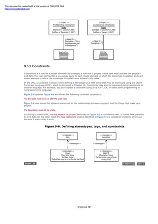 Figure 9-5. Applying stereotypes and tags
9.3.2 Constraints
A constraint is a rule for a model element—for example, a rule that a project's start date must precede the project's
end date. The rules defined for a stereotype apply to each model element to which the stereotype is applied, and each
model element to which the stereotype is applied must adhere to the rules.
In the UML, a constraint is shown when defining a stereotype as a text string that may be expressed using the Object
Constraint Language (OCL), which is discussed in Chapter 10. Constraints may also be expressed using pseudocode or
another language. For example, you can express a constraint using Java, C++, C#, or some other programming or
nonprogramming language.
Figure 9-6 updates Figure 9-4 and shows the following constraint on projects:
The End Date must be on or after the Start Date.
Figure 9-6 also shows the following constraint on the relationships between a project and the things that make up a
project:
The Description must not be empty.
According to these rules, the Proj Mngmnt Sys project described in Figure 9-5 is considered valid. It's start date precedes
its end date. On the other hand, the Java Deployment project described in Figure 9-5 is considered invalid or erroneous
because it starts after it ends.
Figure 9-6. Defining stereotypes, tags, and constraints
Страница 424
This document is created with a trial version of CHM2PDF Pilot
http://www.colorpilot.com
 
