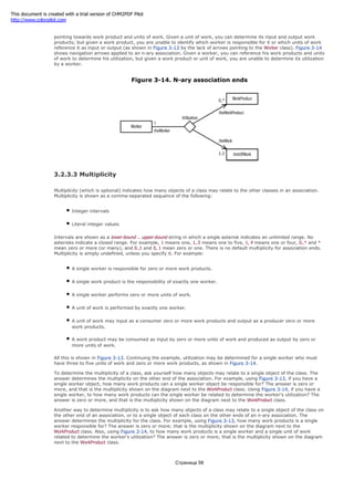 For example, given a worker, you can determine his work products and units of work. Thus, Figure 3-13 shows arrows
pointing towards work product and units of work. Given a unit of work, you can determine its input and output work
products; but given a work product, you are unable to identify which worker is responsible for it or which units of work
reference it as input or output (as shown in Figure 3-13 by the lack of arrows pointing to the Worker class). Figure 3-14
shows navigation arrows applied to an n-ary association. Given a worker, you can reference his work products and units
of work to determine his utilization, but given a work product or unit of work, you are unable to determine its utilization
by a worker.
Figure 3-14. N-ary association ends
3.2.3.3 Multiplicity
Multiplicity (which is optional) indicates how many objects of a class may relate to the other classes in an association.
Multiplicity is shown as a comma-separated sequence of the following:
Integer intervals
Literal integer values
Intervals are shown as a lower-bound .. upper-bound string in which a single asterisk indicates an unlimited range. No
asterisks indicate a closed range. For example, 1 means one, 1..5 means one to five, 1, 4 means one or four, 0..* and *
mean zero or more (or many), and 0..1 and 0, 1 mean zero or one. There is no default multiplicity for association ends.
Multiplicity is simply undefined, unless you specify it. For example:
A single worker is responsible for zero or more work products.
A single work product is the responsibility of exactly one worker.
A single worker performs zero or more units of work.
A unit of work is performed by exactly one worker.
A unit of work may input as a consumer zero or more work products and output as a producer zero or more
work products.
A work product may be consumed as input by zero or more units of work and produced as output by zero or
more units of work.
All this is shown in Figure 3-13. Continuing the example, utilization may be determined for a single worker who must
have three to five units of work and zero or more work products, as shown in Figure 3-14.
To determine the multiplicity of a class, ask yourself how many objects may relate to a single object of the class. The
answer determines the multiplicity on the other end of the association. For example, using Figure 3-13, if you have a
single worker object, how many work products can a single worker object be responsible for? The answer is zero or
more, and that is the multiplicity shown on the diagram next to the WorkProduct class. Using Figure 3-14, if you have a
single worker, to how many work products can the single worker be related to determine the worker's utilization? The
answer is zero or more, and that is the multiplicity shown on the diagram next to the WorkProduct class.
Another way to determine multiplicity is to ask how many objects of a class may relate to a single object of the class on
the other end of an association, or to a single object of each class on the other ends of an n-ary association. The
answer determines the multiplicity for the class. For example, using Figure 3-13, how many work products is a single
worker responsible for? The answer is zero or more; that is the multiplicity shown on the diagram next to the
WorkProduct class. Also, using Figure 3-14, to how many work products is a single worker and a single unit of work
related to determine the worker's utilization? The answer is zero or more; that is the multiplicity shown on the diagram
next to the WorkProduct class.
Страница 58
This document is created with a trial version of CHM2PDF Pilot
http://www.colorpilot.com
 