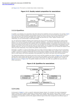 Figure 3-17 uses the graphical nesting of subteams within teams to communicate the same information as Figure 3-15
and Figure 3-16. The result is a nested class inside a nested class.
Figure 3-17. Doubly nested composition for associations
3.2.3.6 Qualifiers
A qualifier is an attribute of an association class that reduces the multiplicity across an association. For example, Figure
3-13 shows that multiplicity between work products and units of work is zero or more for both associations; that is,
there may be many work products associated with a single unit of work and there may be many units of work
associated with a single work product. Rather than simply say that there are "many" objects involved in the
relationship, you can communicate a more finite number.
You can reduce the multiplicity between work products and units of work by asking yourself what you need to know
about a unit of work so that you can define a more specific multiplicity — one that isn't unbounded on the high-end.
Likewise, you can ask yourself the same question about the association between work product and units of work. If you
have a work product and the name of a unit of work, you can determine whether a relationship exists between the two;
likewise, if you have a unit of work and the name of a work product, you can determine whether a relationship exists
between those two. The trick is to document precisely what information is needed so you can identify the objects on the
other end of the relationship. This is where the qualifier comes into play.
Essentially, a qualifier is a piece of information used as an index to find the objects on the other end of an association.
A qualifier is shown as a small rectangle attached to a class where an object of the class, together with a value for the
qualifier, reduces the multiplicity on the other end of the association. Qualifiers have the same notation as attributes,
have no initial values, and must be attributes of the association or the class on the other end of the association.
The relationships between work products and units of work and their qualifiers are shown in Figure 3-18. The qualifiers
indicate that a work product with the name of a unit of work may identify a unit of work, and that a unit of work with
the name of a work product may identify a work product. Notice that I've reduced the multiplicity of 0..* shown in
Figure 3-13 to 0..1 in Figure 3-18. The qualifier enables me to do this. As a UML rule, qualifiers are used only with
binary associations.
Figure 3-18. Qualifiers for associations
3.2.4 Links
As discussed in Chapter 2, a link is a specific relationship between objects. For example, the project management
system involves various specific relationships, including specific manage, lead, execute, input, output, and other
relationships between specific projects, managers, teams, work products, requirements, systems, and so forth. A link is
an instance of an association, and the UML supports different types of links that correspond to the different types of
associations.
Страница 60
This document is created with a trial version of CHM2PDF Pilot
http://www.colorpilot.com
 