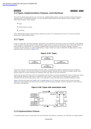 3.3 Types, Implementation Classes, and Interfaces
The kinds of classes discussed thus far are known as undifferentiated classes, and are commonly used during design
activities within a development process. You can also differentiate between three different kinds of classes, called
differentiated classes. These include:
Types
Implementation classes
Interfaces
These differentiated classes closely relate to different activities in the development process. The next few sections
discuss these differentiated classes.
3.3.1 Types
A type is a class that may have attributes, associations, and operations, but does not have any methods. A type defines
a role an object may play relative to other objects, similar to how a rolename indicates the role a class plays relative to
other classes in an association. For example, a Worker object may play the role of a project manager, resource
manager, human resource, or system administrator. A type is shown as a class marked with the type keyword. These
types of workers are shown in Figure 3-25.
Figure 3-25. Types
Types are commonly used during analysis activities within a development process to identify the kinds of objects a
system may require. You can think of types as conceptual classes, because they are ideas for possible classes. Also,
because types do not have methods and represent roles only, they do not have instances.
Types may be used with binary and n-ary association and link ends. A comma-separated list of one or more type names
may be placed following a rolename to indicate the roles a class or object plays in the relationship. Separate the
rolename from the list of types using a colon. If no rolename is used, the type names are placed following a colon.
Figure 3-26 uses the types from Figure 3-25 to update Figure 3-13. It shows the various roles a worker may play
relative to work products and units of work. A worker may be a project manager, resource manager, human resource,
and system administrator.
Figure 3-26. Types with association ends
3.3.2 Implementation Classes
An implementation class is a class that may have attributes, associations, operations, and methods. An implementation
Страница 65
This document is created with a trial version of CHM2PDF Pilot
http://www.colorpilot.com
 