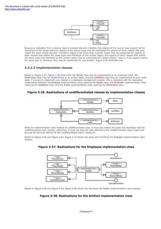 Figure 3-35. Realizations for the WorkProduct class
Because a realization from a source class to a target element indicates that objects of the source class support all the
operations of the target element, objects of the source class may be substituted for objects of other classes that also
realize the same target element. Therefore, Figure 3-34 shows that a worker object may be substituted for objects of
other classes that realize the same types and interfaces as the worker object, and objects of other classes that realize
the same types and interfaces as the worker object may be substituted for worker objects. That is, if two objects realize
the same type or interface, they may be substituted for one another. Figure 3-35 illustrates this.
3.4.2.2 Implementation classes
Based on Figure 3-27, Figure 3-36 shows that the Worker class may be implemented as an employee table, the
WorkProduct class may be implemented as an artifact table, and the UnitOfWork class may be implemented as work order
table, if you are to implement your classes in a database management system. This is indicated with the realization
relationships between the Employee implementation class realizing the Worker class, the WorkOrder implementation class
realizing the UnitOfWork class, and the Artifact implementation class realizing the WorkProduct class.
Figure 3-36. Realizations of undifferentiated classes by implementation classes
When an implementation class realizes an undifferentiated class, it must also realize the types and interfaces that the
undifferentiated class realizes; otherwise, it could not play the roles defined by the undifferentiated class's types and
provide the services defined by the undifferentiated class's interfaces.
Based on Figure 3-36 and Figure 3-34, Figure 3-37 shows the types and interfaces the Employee implementation class
realizes.
Figure 3-37. Realizations for the Employee implementation class
Based on Figure 3-36 and Figure 3-35, Figure 3-38 shows the interfaces the Artifact implementation class realizes.
Figure 3-38. Realizations for the Artifact implementation class
Страница 71
This document is created with a trial version of CHM2PDF Pilot
http://www.colorpilot.com
 