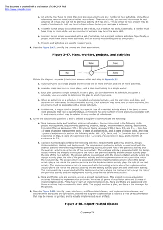 c. An activity may have no more than one previous activity and any number of next activities. Using these
rolenames, we can show how activities are ordered. Given an activity, you can only determine its next
activities (if it has any) but not its previous activity (it if has one). This is similar to how a team may be
made of subteams in that you have to have a team before you can have a subteam.
d. A worker is not simply associated with a set of skills, but a worker has skills. Specifically, a worker must
have three or more skills, and any number of workers may have the same skill.
e. A project is not simply associated with a set of activities, but a project contains activities. Specifically, a
project must have one or more activities, and an activity must belong only to one project.
f. Projects and activities are specific types of work.
4. Describe Figure 3-47: identify the classes and their associations.
Figure 3-47. Plans, workers, projects, and activities
Update the diagram stepwise (check your answers after each step in Appendix B):
a. A plan pertains to a single project and involves one or more workers and one or more activities.
b. A worker may have zero or more plans, and a plan must belong to a single worker.
c. Each plan contains a single schedule. Given a plan, you can determine its schedule, but given a
schedule, you are unable to determine the plan to which it pertains.
d. When an activity is on a schedule, it is called a scheduled activity, and the start date, end date, and
duration are maintained for the scheduled activity. Each schedule may have zero or more activities, but
an activity must be associated with a single schedule.
e. A milestone, a major point in project, is a special type of scheduled activity where it has zero or more
work products that have a specific status. A milestone has any number of work products associated with
it, and a work product may be related to any number of milestones.
5. Given the solutions to questions 3 and 4, create a diagram to communicate the following:
a. Nora manages Andy and Jonathan, who are all workers. You are interested in the following skills:
project management, requirements gathering, analysis, design, implementation, testing, deployment,
Extensible Markup Language (XML), Structured Query Language (SQL), Java, C#, and C++. Nora has
10 years of project management skills, 5 years of analysis skills, and 3 years of design skills. Andy has
3 years of experience in each of the following skills: XML, SQL, Java, and C#. Jonathan has 10 years of
experience in SQL, 5 years of experience in C++, 2 years of experience in Java, and 6 months of
experience in C#.
b. A project named Eagle contains the following activities: requirements gathering, analysis, design,
implementation, testing, and deployment. The requirements gathering activity is associated with the
analysis activity where the requirements gathering activity plays the role of the previous activity and
the analysis activity plays the role of the next activity. The analysis activity is associated with the design
activity where the analysis activity plays the role of the previous activity and the design activity plays
the role of the next activity. The design activity is associated with the implementation activity where the
design activity plays the role of the previous activity and the implementation activity plays the role of
the next activity. The design activity is associated with the implementation activity where the design
activity plays the role of the previous activity and the implementation activity plays the role of the next
activity. The implementation activity is associated with the testing activity where the implementation
activity plays the role of the previous activity and the testing activity plays the role of the next activity.
The testing activity is associated with the deployment activity where the testing activity plays the role of
the previous activity and the deployment activity plays the role of the next activity.
c. Nora and Phillip, who are workers, are on a project named Hawk. This project involves acquisition
activities followed by implementation activities. Nora has 10 years of acquisition skills and 5 years of
implementation skills. Phillip has 5 years of implementation skills. Nora and Phillip are associated with
those activities that correspond to their skills. The project also has a plan, and Nora is the manager for
the project.
6. Describe Figure 3-48: identify types, interfaces, undifferentiated classes, and implementation classes; and
describe their attributes and operations. Update the diagram to reflect that a report is a type of documentation
that may be viewed or printed, and is actually implemented as an artifact.
Figure 3-48. Report-related classes
Страница 79
This document is created with a trial version of CHM2PDF Pilot
http://www.colorpilot.com
 
