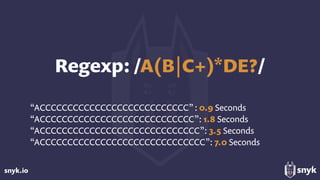 snyk.io
Regexp: /A(B|C+)*DE?/
“ACCCCCCCCCCCCCCCCCCCCCCCCCCC”: 0.9 Seconds 
“ACCCCCCCCCCCCCCCCCCCCCCCCCCCC”: 1.8 Seconds
“ACCCCCCCCCCCCCCCCCCCCCCCCCCCCC”: 3.5 Seconds
“ACCCCCCCCCCCCCCCCCCCCCCCCCCCCCC”: 7.0 Seconds
 