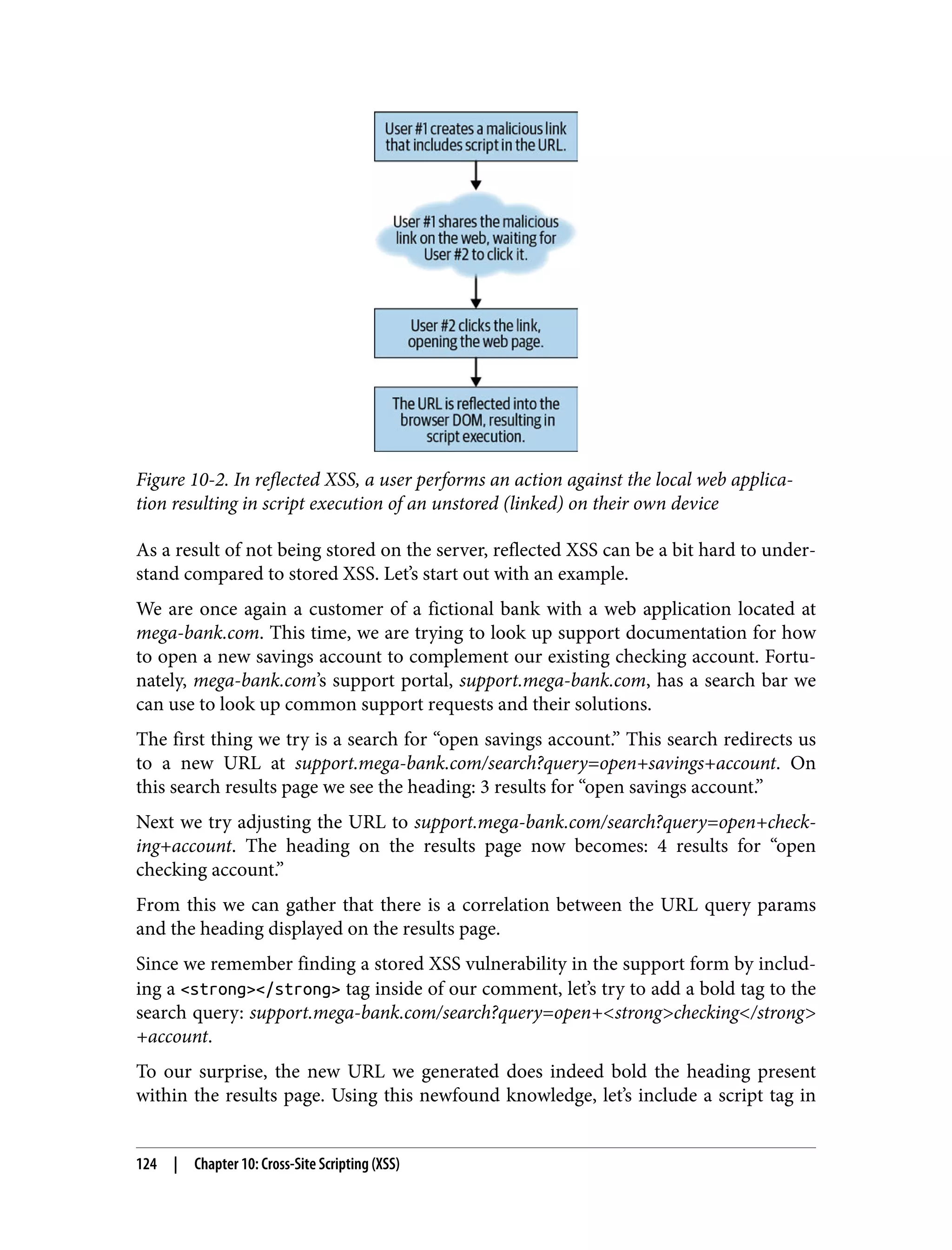 Figure 10-2. In reflected XSS, a user performs an action against the local web applica‐ tion resulting in script execution of an unstored (linked) on their own device As a result of not being stored on the server, reflected XSS can be a bit hard to under‐ stand compared to stored XSS. Let’s start out with an example. We are once again a customer of a fictional bank with a web application located at mega-bank.com. This time, we are trying to look up support documentation for how to open a new savings account to complement our existing checking account. Fortu‐ nately, mega-bank.com’s support portal, support.mega-bank.com, has a search bar we can use to look up common support requests and their solutions. The first thing we try is a search for “open savings account.” This search redirects us to a new URL at support.mega-bank.com/search?query=open+savings+account. On this search results page we see the heading: 3 results for “open savings account.” Next we try adjusting the URL to support.mega-bank.com/search?query=open+check‐ ing+account. The heading on the results page now becomes: 4 results for “open checking account.” From this we can gather that there is a correlation between the URL query params and the heading displayed on the results page. Since we remember finding a stored XSS vulnerability in the support form by includ‐ ing a <strong></strong> tag inside of our comment, let’s try to add a bold tag to the search query: support.mega-bank.com/search?query=open+<strong>checking</strong> +account. To our surprise, the new URL we generated does indeed bold the heading present within the results page. Using this newfound knowledge, let’s include a script tag in 124 | Chapter 10: Cross-Site Scripting (XSS) 