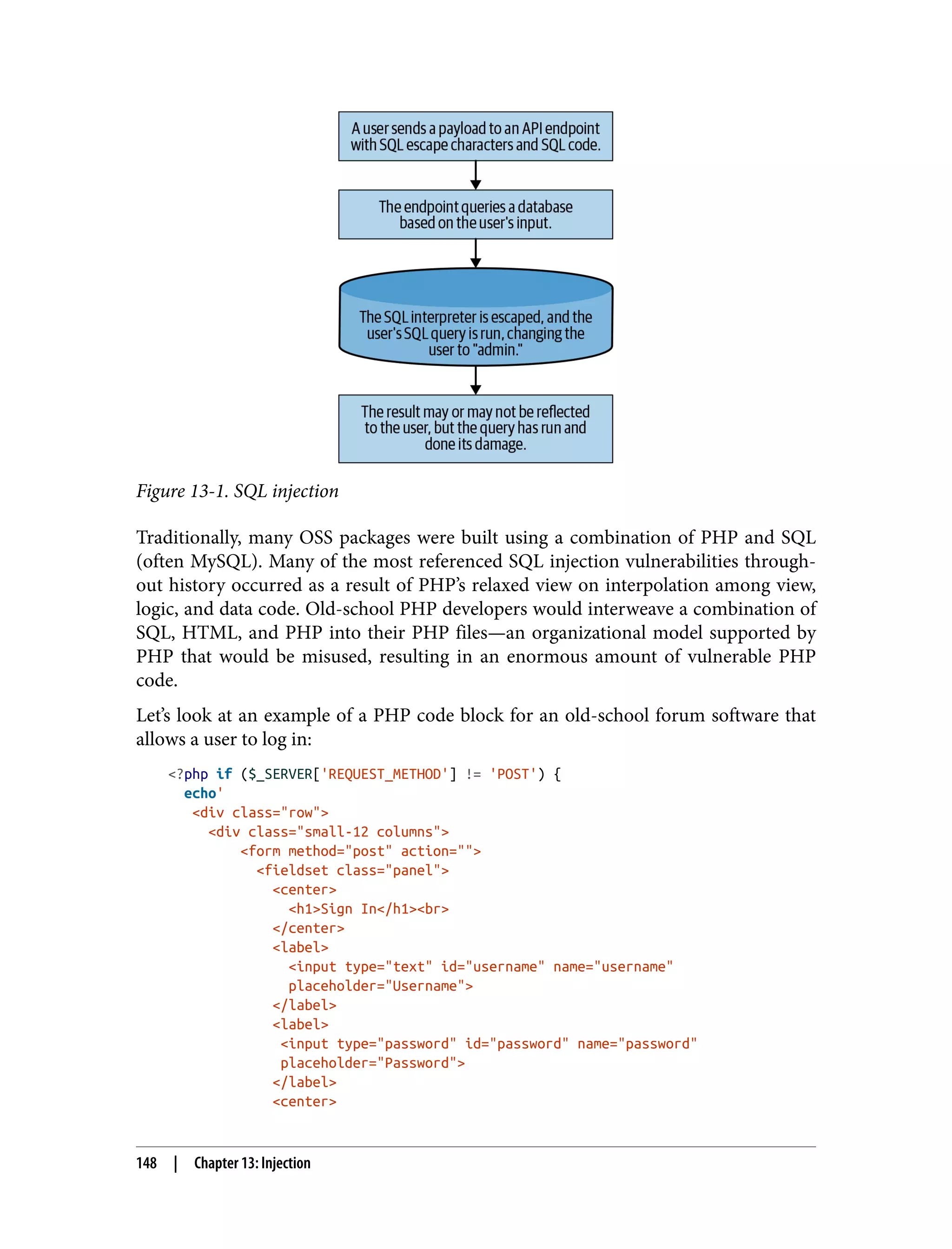 Figure 13-1. SQL injection Traditionally, many OSS packages were built using a combination of PHP and SQL (often MySQL). Many of the most referenced SQL injection vulnerabilities through‐ out history occurred as a result of PHP’s relaxed view on interpolation among view, logic, and data code. Old-school PHP developers would interweave a combination of SQL, HTML, and PHP into their PHP files—an organizational model supported by PHP that would be misused, resulting in an enormous amount of vulnerable PHP code. Let’s look at an example of a PHP code block for an old-school forum software that allows a user to log in: <?php if ($_SERVER['REQUEST_METHOD'] != 'POST') { echo' <div class="row"> <div class="small-12 columns"> <form method="post" action=""> <fieldset class="panel"> <center> <h1>Sign In</h1><br> </center> <label> <input type="text" id="username" name="username" placeholder="Username"> </label> <label> <input type="password" id="password" name="password" placeholder="Password"> </label> <center> 148 | Chapter 13: Injection 