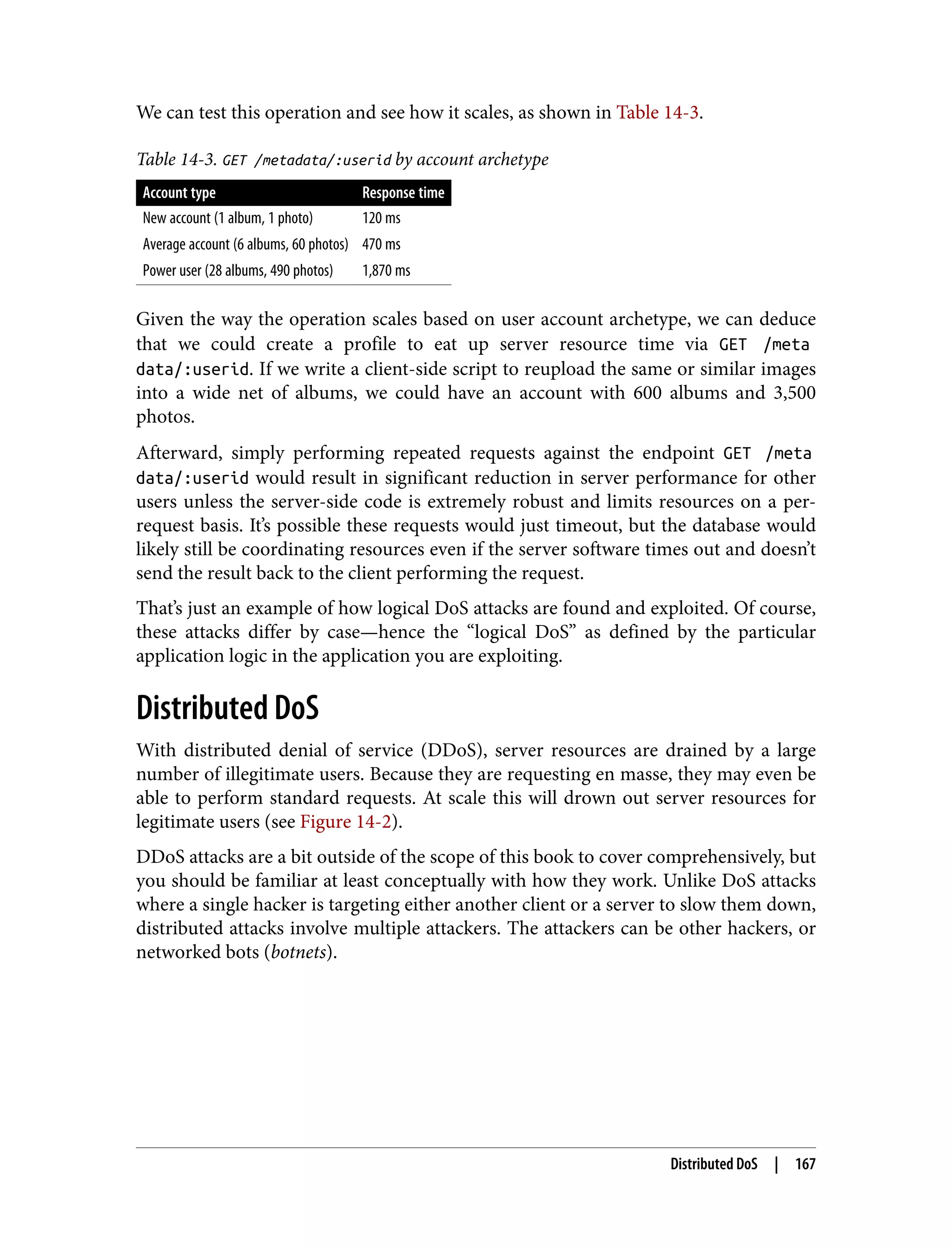 We can test this operation and see how it scales, as shown in Table 14-3. Table 14-3. GET /metadata/:userid by account archetype Account type Response time New account (1 album, 1 photo) 120 ms Average account (6 albums, 60 photos) 470 ms Power user (28 albums, 490 photos) 1,870 ms Given the way the operation scales based on user account archetype, we can deduce that we could create a profile to eat up server resource time via GET /meta data/:userid. If we write a client-side script to reupload the same or similar images into a wide net of albums, we could have an account with 600 albums and 3,500 photos. Afterward, simply performing repeated requests against the endpoint GET /meta data/:userid would result in significant reduction in server performance for other users unless the server-side code is extremely robust and limits resources on a per- request basis. It’s possible these requests would just timeout, but the database would likely still be coordinating resources even if the server software times out and doesn’t send the result back to the client performing the request. That’s just an example of how logical DoS attacks are found and exploited. Of course, these attacks differ by case—hence the “logical DoS” as defined by the particular application logic in the application you are exploiting. Distributed DoS With distributed denial of service (DDoS), server resources are drained by a large number of illegitimate users. Because they are requesting en masse, they may even be able to perform standard requests. At scale this will drown out server resources for legitimate users (see Figure 14-2). DDoS attacks are a bit outside of the scope of this book to cover comprehensively, but you should be familiar at least conceptually with how they work. Unlike DoS attacks where a single hacker is targeting either another client or a server to slow them down, distributed attacks involve multiple attackers. The attackers can be other hackers, or networked bots (botnets). Distributed DoS | 167 