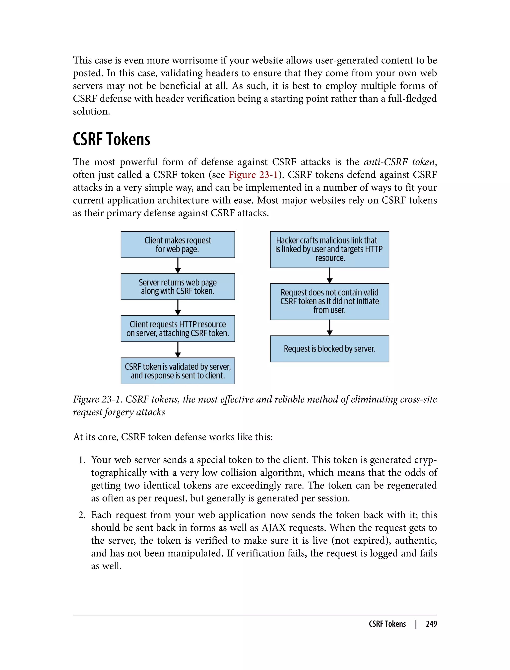 This case is even more worrisome if your website allows user-generated content to be posted. In this case, validating headers to ensure that they come from your own web servers may not be beneficial at all. As such, it is best to employ multiple forms of CSRF defense with header verification being a starting point rather than a full-fledged solution. CSRF Tokens The most powerful form of defense against CSRF attacks is the anti-CSRF token, often just called a CSRF token (see Figure 23-1). CSRF tokens defend against CSRF attacks in a very simple way, and can be implemented in a number of ways to fit your current application architecture with ease. Most major websites rely on CSRF tokens as their primary defense against CSRF attacks. Figure 23-1. CSRF tokens, the most effective and reliable method of eliminating cross-site request forgery attacks At its core, CSRF token defense works like this: 1. Your web server sends a special token to the client. This token is generated cryp‐ tographically with a very low collision algorithm, which means that the odds of getting two identical tokens are exceedingly rare. The token can be regenerated as often as per request, but generally is generated per session. 2. Each request from your web application now sends the token back with it; this should be sent back in forms as well as AJAX requests. When the request gets to the server, the token is verified to make sure it is live (not expired), authentic, and has not been manipulated. If verification fails, the request is logged and fails as well. CSRF Tokens | 249 