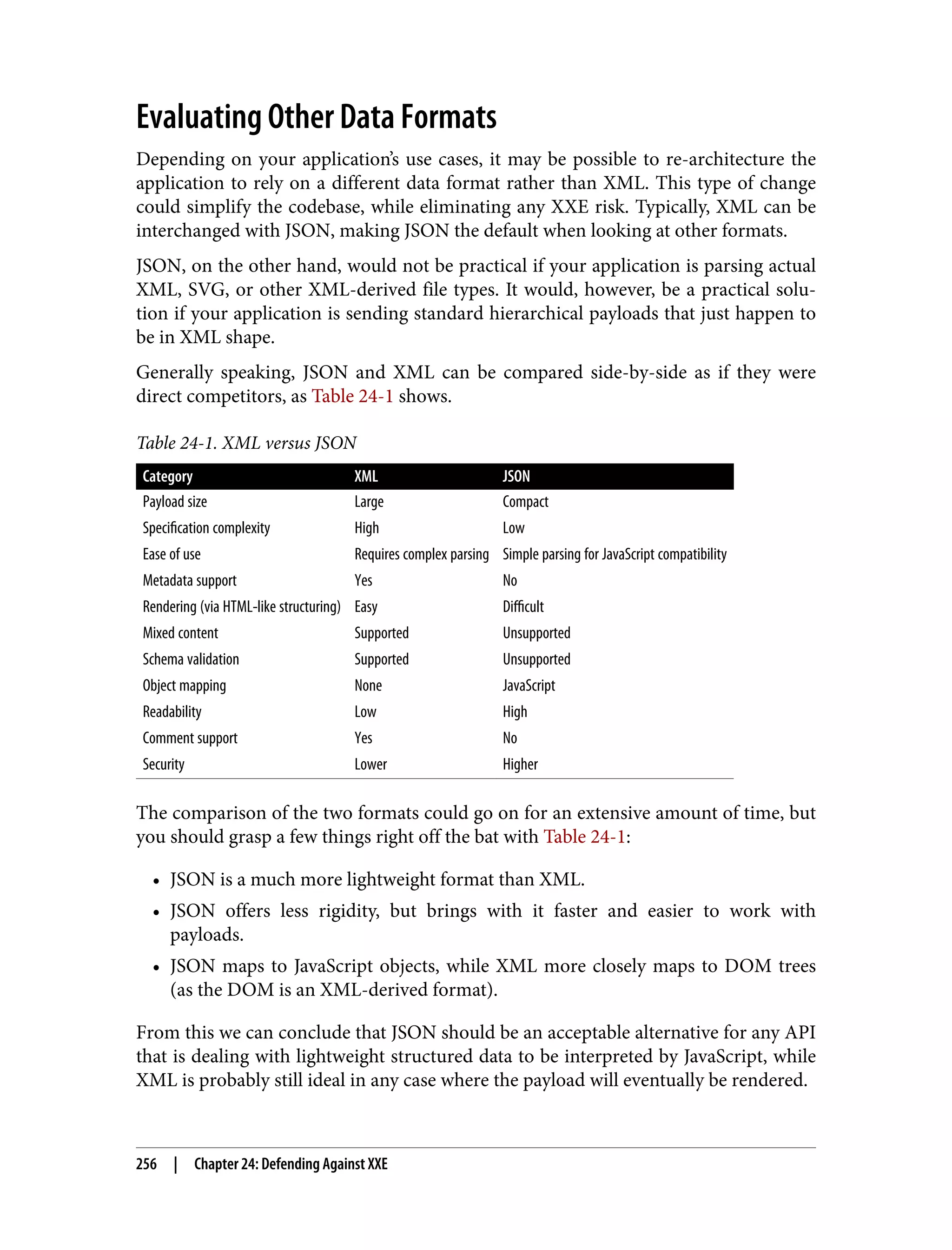 Evaluating Other Data Formats Depending on your application’s use cases, it may be possible to re-architecture the application to rely on a different data format rather than XML. This type of change could simplify the codebase, while eliminating any XXE risk. Typically, XML can be interchanged with JSON, making JSON the default when looking at other formats. JSON, on the other hand, would not be practical if your application is parsing actual XML, SVG, or other XML-derived file types. It would, however, be a practical solu‐ tion if your application is sending standard hierarchical payloads that just happen to be in XML shape. Generally speaking, JSON and XML can be compared side-by-side as if they were direct competitors, as Table 24-1 shows. Table 24-1. XML versus JSON Category XML JSON Payload size Large Compact Specification complexity High Low Ease of use Requires complex parsing Simple parsing for JavaScript compatibility Metadata support Yes No Rendering (via HTML-like structuring) Easy Difficult Mixed content Supported Unsupported Schema validation Supported Unsupported Object mapping None JavaScript Readability Low High Comment support Yes No Security Lower Higher The comparison of the two formats could go on for an extensive amount of time, but you should grasp a few things right off the bat with Table 24-1: • JSON is a much more lightweight format than XML. • JSON offers less rigidity, but brings with it faster and easier to work with payloads. • JSON maps to JavaScript objects, while XML more closely maps to DOM trees (as the DOM is an XML-derived format). From this we can conclude that JSON should be an acceptable alternative for any API that is dealing with lightweight structured data to be interpreted by JavaScript, while XML is probably still ideal in any case where the payload will eventually be rendered. 256 | Chapter 24: Defending Against XXE 
