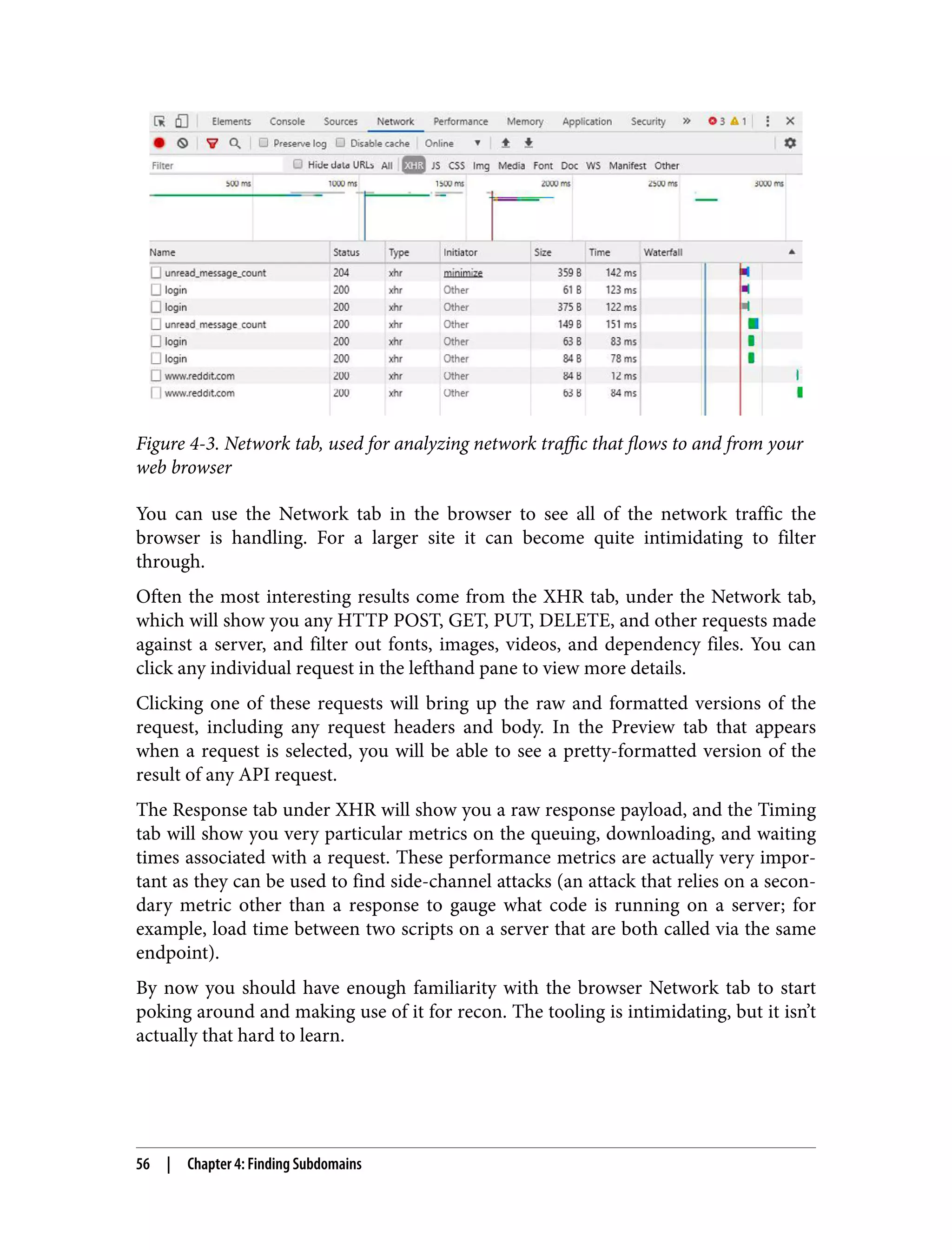 Figure 4-3. Network tab, used for analyzing network traffic that flows to and from your web browser You can use the Network tab in the browser to see all of the network traffic the browser is handling. For a larger site it can become quite intimidating to filter through. Often the most interesting results come from the XHR tab, under the Network tab, which will show you any HTTP POST, GET, PUT, DELETE, and other requests made against a server, and filter out fonts, images, videos, and dependency files. You can click any individual request in the lefthand pane to view more details. Clicking one of these requests will bring up the raw and formatted versions of the request, including any request headers and body. In the Preview tab that appears when a request is selected, you will be able to see a pretty-formatted version of the result of any API request. The Response tab under XHR will show you a raw response payload, and the Timing tab will show you very particular metrics on the queuing, downloading, and waiting times associated with a request. These performance metrics are actually very impor‐ tant as they can be used to find side-channel attacks (an attack that relies on a secon‐ dary metric other than a response to gauge what code is running on a server; for example, load time between two scripts on a server that are both called via the same endpoint). By now you should have enough familiarity with the browser Network tab to start poking around and making use of it for recon. The tooling is intimidating, but it isn’t actually that hard to learn. 56 | Chapter 4: Finding Subdomains 