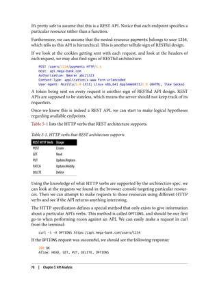 It’s pretty safe to assume that this is a REST API. Notice that each endpoint specifies a
particular resource rather than a function.
Furthermore, we can assume that the nested resource payments belongs to user 1234,
which tells us this API is hierarchical. This is another telltale sign of RESTful design.
If we look at the cookies getting sent with each request, and look at the headers of
each request, we may also find signs of RESTful architecture:
POST /users/1234/payments HTTP/1.1
Host: api.mega-bank.com
Authorization: Bearer abc21323
Content-Type: application/x-www-form-urlencoded
User-Agent: Mozilla/5.0 (X11; Linux x86_64) AppleWebKit/1.0 (KHTML, like Gecko)
A token being sent on every request is another sign of RESTful API design. REST
APIs are supposed to be stateless, which means the server should not keep track of its
requesters.
Once we know this is indeed a REST API, we can start to make logical hypotheses
regarding available endpoints.
Table 5-1 lists the HTTP verbs that REST architecture supports.
Table 5-1. HTTP verbs that REST architecture supports
REST HTTP Verb Usage
POST Create
GET Read
PUT Update/Replace
PATCH Update/Modify
DELETE Delete
Using the knowledge of what HTTP verbs are supported by the architecture spec, we
can look at the requests we found in the browser console targeting particular resour‐
ces. Then we can attempt to make requests to those resources using different HTTP
verbs and see if the API returns anything interesting.
The HTTP specification defines a special method that only exists to give information
about a particular API’s verbs. This method is called OPTIONS, and should be our first
go-to when performing recon against an API. We can easily make a request in curl
from the terminal:
curl -i -X OPTIONS https://api.mega-bank.com/users/1234
If the OPTIONS request was successful, we should see the following response:
200 OK
Allow: HEAD, GET, PUT, DELETE, OPTIONS
78 | Chapter 5: API Analysis
 