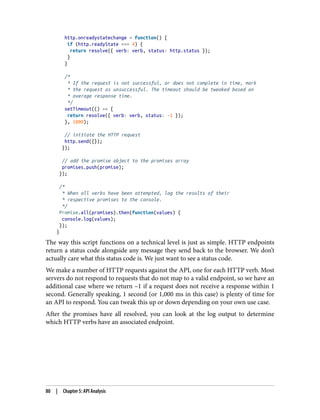 http.onreadystatechange = function() {
if (http.readyState === 4) {
return resolve({ verb: verb, status: http.status });
}
}
/*
* If the request is not successful, or does not complete in time, mark
* the request as unsuccessful. The timeout should be tweaked based on
* average response time.
*/
setTimeout(() => {
return resolve({ verb: verb, status: -1 });
}, 1000);
// initiate the HTTP request
http.send({});
});
// add the promise object to the promises array
promises.push(promise);
});
/*
* When all verbs have been attempted, log the results of their
* respective promises to the console.
*/
Promise.all(promises).then(function(values) {
console.log(values);
});
}
The way this script functions on a technical level is just as simple. HTTP endpoints
return a status code alongside any message they send back to the browser. We don’t
actually care what this status code is. We just want to see a status code.
We make a number of HTTP requests against the API, one for each HTTP verb. Most
servers do not respond to requests that do not map to a valid endpoint, so we have an
additional case where we return –1 if a request does not receive a response within 1
second. Generally speaking, 1 second (or 1,000 ms in this case) is plenty of time for
an API to respond. You can tweak this up or down depending on your own use case.
After the promises have all resolved, you can look at the log output to determine
which HTTP verbs have an associated endpoint.
80 | Chapter 5: API Analysis
 