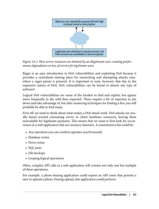 Figure 14-1. Here server resources are drained by an illegitimate user, creating perfor‐
mance degradation or loss of service for legitimate users
Regex is an easy introduction to DoS vulnerabilities and exploiting DoS because it
provides a centralized starting place for researching and attempting attacks (any‐
where a regex parser is present). It is important to note, however, that due to the
expansive nature of DoS, DoS vulnerabilities can be found in almost any type of
software!
Logical DoS vulnerabilities are some of the hardest to find and exploit, but appear
more frequently in the wild than expected. These require a bit of expertise to pin
down and take advantage of, but after mastering techniques for finding a few, you will
probably be able to find many.
First off, we need to think about what makes a DoS attack work. DoS attacks are usu‐
ally based around consuming server or client hardware resources, leaving them
unavailable for legitimate purposes. This means that we want to first look for occur‐
rences in a web application that are resource intensive. A nonextensive list could be:
• Any operation you can confirm operates synchronously
• Database writes
• Drive writes
• SQL joins
• File backups
• Looping logical operations
Often, complex API calls in a web application will contain not only one but multiple
of these operations.
For example, a photo-sharing application could expose an API route that permits a
user to upload a photo. During upload, this application could perform:
Logical DoS Vulnerabilities | 165
 