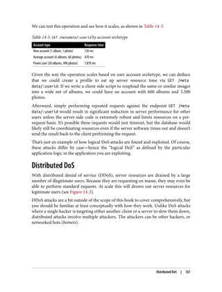 We can test this operation and see how it scales, as shown in Table 14-3.
Table 14-3. GET /metadata/:userid by account archetype
Account type Response time
New account (1 album, 1 photo) 120 ms
Average account (6 albums, 60 photos) 470 ms
Power user (28 albums, 490 photos) 1,870 ms
Given the way the operation scales based on user account archetype, we can deduce
that we could create a profile to eat up server resource time via GET /meta
data/:userid. If we write a client-side script to reupload the same or similar images
into a wide net of albums, we could have an account with 600 albums and 3,500
photos.
Afterward, simply performing repeated requests against the endpoint GET /meta
data/:userid would result in significant reduction in server performance for other
users unless the server-side code is extremely robust and limits resources on a per-
request basis. It’s possible these requests would just timeout, but the database would
likely still be coordinating resources even if the server software times out and doesn’t
send the result back to the client performing the request.
That’s just an example of how logical DoS attacks are found and exploited. Of course,
these attacks differ by case—hence the “logical DoS” as defined by the particular
application logic in the application you are exploiting.
Distributed DoS
With distributed denial of service (DDoS), server resources are drained by a large
number of illegitimate users. Because they are requesting en masse, they may even be
able to perform standard requests. At scale this will drown out server resources for
legitimate users (see Figure 14-2).
DDoS attacks are a bit outside of the scope of this book to cover comprehensively, but
you should be familiar at least conceptually with how they work. Unlike DoS attacks
where a single hacker is targeting either another client or a server to slow them down,
distributed attacks involve multiple attackers. The attackers can be other hackers, or
networked bots (botnets).
Distributed DoS | 167
 