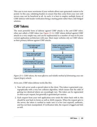 This case is even more worrisome if your website allows user-generated content to be
posted. In this case, validating headers to ensure that they come from your own web
servers may not be beneficial at all. As such, it is best to employ multiple forms of
CSRF defense with header verification being a starting point rather than a full-fledged
solution.
CSRF Tokens
The most powerful form of defense against CSRF attacks is the anti-CSRF token,
often just called a CSRF token (see Figure 23-1). CSRF tokens defend against CSRF
attacks in a very simple way, and can be implemented in a number of ways to fit your
current application architecture with ease. Most major websites rely on CSRF tokens
as their primary defense against CSRF attacks.
Figure 23-1. CSRF tokens, the most effective and reliable method of eliminating cross-site
request forgery attacks
At its core, CSRF token defense works like this:
1. Your web server sends a special token to the client. This token is generated cryp‐
tographically with a very low collision algorithm, which means that the odds of
getting two identical tokens are exceedingly rare. The token can be regenerated
as often as per request, but generally is generated per session.
2. Each request from your web application now sends the token back with it; this
should be sent back in forms as well as AJAX requests. When the request gets to
the server, the token is verified to make sure it is live (not expired), authentic,
and has not been manipulated. If verification fails, the request is logged and fails
as well.
CSRF Tokens | 249
 