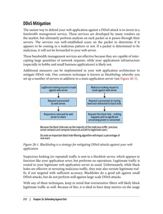DDoS Mitigation
The easiest way to defend your web application against a DDoS attack is to invest in a
bandwidth management service. These services are developed by many vendors on
the market, but ultimately perform analysis on each packet as it passes through their
servers. The services run well-established scans on the packet to determine if it
appears to be coming in a malicious pattern or not. If a packet is determined to be
malicious, it will not be forwarded to your web server.
These bandwidth management services are effective because they are capable of inter‐
cepting large quantities of network requests, while your application’s infrastructure
(especially in hobby and small business applications) is likely not.
Additional measures can be implemented in your web application architecture to
mitigate DDoS risk. One common technique is known as blackholing, whereby you
set up a number of servers in addition to a main application server (see Figure 26-1).
Figure 26-1. Blackholing is a strategy for mitigating DDoS attacks against your web
application
Suspicious-looking (or repeated) traffic is sent to a blackhole server, which appears to
function like your application sever, but performs no operations. Legitimate traffic is
routed to your legitimate web application server as usual. Unfortunately, while black
holes are effective at rerouting malicious traffic, they may also reroute legitimate traf‐
fic if not targeted with sufficient accuracy. Blackholes do a good job against small
DDoS attacks, but do not perform well against large-scale DDoS attacks.
With any of these techniques, keep in mind that oversensitive filters will likely block
legitimate traffic as well. Because of this, it is ideal to have deep metrics on the usage
272 | Chapter 26: Defending Against DoS
 