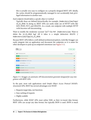this is actually very easy to configure on a properly designed REST API. Ideally,
the caches should be programmatically managed to not accidentally leak privi‐
leged information to another user.
Each endpoint should define a specific object or method
Typically these are defined hierarchically; for example, /moderators/joe/logs/
12_21_2018. In doing so, REST APIs can easily make use of HTTP verbs like
GET, POST, PUT, and DELETE. As a result, one endpoint with multiple HTTP
verbs becomes self-documenting.
Want to modify the moderator account “joe”? Use PUT /moderators/joe. Want to
delete the 12_21_2018 log? All it takes is a simple deduction: DELETE /
moderators/joe/logs/12_21_2018.
Because REST APIs follow a well-defined architectural pattern, tools like Swagger can
easily integrate into an application and document the endpoints so it is easier for
other developers to pick up an endpoint’s intentions (see Figure 3-1).
Figure 3-1. Swagger, an automatic API documentation generator designed for easy inte‐
gration with REST APIs
In the past, most web applications used Simple Object Access Protocol (SOAP)-
structured APIs. REST has several advantages over SOAP:
• Requests target data, not functions
• Easy caching of requests
• Highly scalable
Furthermore, while SOAP APIs must utilize XML as their in-transit data format,
REST APIs can accept any data format, but typically JSON is used. JSON is much
30 | Chapter 3: The Structure of a Modern Web Application
 