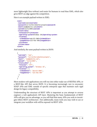 more lightweight (less verbose) and easier for humans to read than XML, which also
gives REST an edge against the competition.
Here is an example payload written in XML:
<user>
<username>joe</username>
<password>correcthorsebatterystaple</password>
<email>joe@website.com</email>
<joined>12/21/2005</joined>
<client-data>
<timezone>UTF</timezone>
<operating-system>Windows 10</operating-system>
<licenses>
<videoEditor>abc123-2005</videoEditor>
<imageEditor>123-456-789</imageEditor>
</licenses>
</client-data>
</user>
And similarly, the same payload written in JSON:
{
"username": "joe",
"password": "correcthorsebatterystaple",
"email": "joe@website.com",
"joined": "12/21/2005",
"client_data": {
"timezone": "UTF",
"operating_system": "Windows 10",
"licenses": {
"videoEditor": "abc123-2005",
"imageEditor": "123-456-789"
}
}
}
Most modern web applications you will run into either make use of RESTful APIs, or
a REST-like API that serves JSON. It is becoming increasingly rare to encounter
SOAP APIs and XML outside of specific enterprise apps that maintain such rigid
design for legacy compatibility.
Understanding the structure of REST APIs is important as you attempt to reverse
engineer a web application’s API layer. Mastering the basic fundamentals of REST
APIs will give you an advantage, as you will find that many APIs you wish to investi‐
gate follow REST architecture—but additionally, many tools you may wish to use or
integrate your workflow with will be exposed via REST APIs.
REST APIs | 31
 
