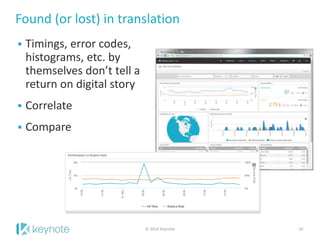 Found (or lost) in translation
© 2014 Keynote 10
 Timings, error codes,
histograms, etc. by
themselves don’t tell a
return on digital story
 Correlate
 Compare
 