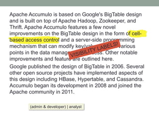 Apache Accumulo is based on Google's BigTable design
and is built on top of Apache Hadoop, Zookeeper, and
Thrift. Apache A...