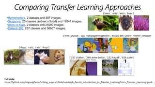 Full code:
https://github.com/miguelgfierro/sciblog_support/blob/master/A_Gentle_Introduction_to_Transfer_Learning/Intro_Transfer_Learning.ipynb
•Hymenoptera, 2 classes and 397 images.
•Simpsons, 20 classes (subset of total) and 19548 images.
•Dogs vs Cats, 2 classes and 25000 images.
•Caltech 256, 257 classes and 30607 images.
 