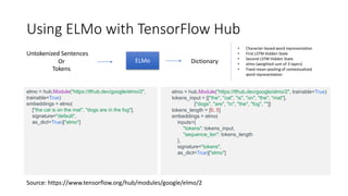 Using ELMo with TensorFlow Hub
Source: https://www.tensorflow.org/hub/modules/google/elmo/2
elmo = hub.Module("https://tfhub.dev/google/elmo/2",
trainable=True)
embeddings = elmo(
["the cat is on the mat", "dogs are in the fog"],
signature="default",
as_dict=True)["elmo"]
elmo = hub.Module("https://tfhub.dev/google/elmo/2", trainable=True)
tokens_input = [["the", "cat", "is", "on", "the", "mat"],
["dogs", "are", "in", "the", "fog", ""]]
tokens_length = [6, 5]
embeddings = elmo(
inputs={
"tokens": tokens_input,
"sequence_len": tokens_length
},
signature="tokens",
as_dict=True)["elmo"]
ELMo
Untokenized Sentences
Tokens
Or Dictionary
• Character-based word representation
• First LSTM Hidden State
• Second LSTM Hidden State
• elmo (weighted sum of 3 layers)
• Fixed mean-pooling of contextualized
word representation
 