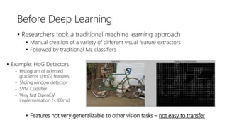 Before Deep Learning
• Researchers took a traditional machine learning approach
• Manual creation of a variety of different visual feature extractors
• Followed by traditional ML classifiers
• Features not very generalizable to other vision tasks – not easy to transfer
• Example: HoG Detectors
- Histogram of oriented
gradients (HoG) features
- Sliding window detector
- SVM Classifier
- Very fast OpenCV
implementation (<100ms)
 