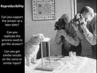Reproducibility
Can you support
the answer at a
later date?
Can you
replicate the
process used to
get the answer?
Can you ...