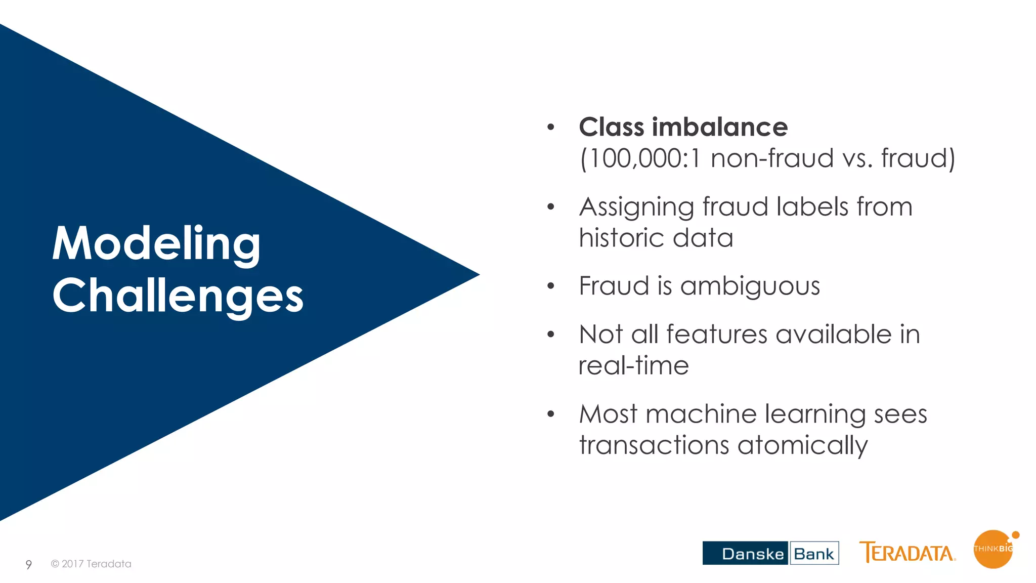 9
Modeling
Challenges
© 2017 Teradata
• Class imbalance
(100,000:1 non-fraud vs. fraud)
• Assigning fraud labels from
historic data
• Fraud is ambiguous
• Not all features available in
real-time
• Most machine learning sees
transactions atomically
 