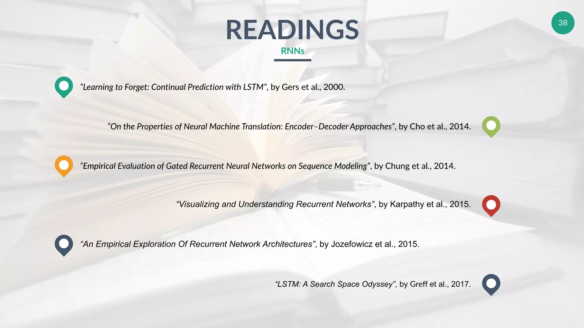 38
READINGS
RNNs
“Learning to Forget: Continual Prediction with LSTM”, by Gers et al., 2000.
“Empirical Evaluation of Gated Recurrent Neural Networks on Sequence Modeling”, by Chung et al., 2014.
“An Empirical Exploration Of Recurrent Network Architectures”, by Jozefowicz et al., 2015.
“On the Properties of Neural Machine Translation: Encoder–Decoder Approaches”, by Cho et al., 2014.
“Visualizing and Understanding Recurrent Networks”, by Karpathy et al., 2015.
“LSTM: A Search Space Odyssey”, by Greﬀ et al., 2017.
 