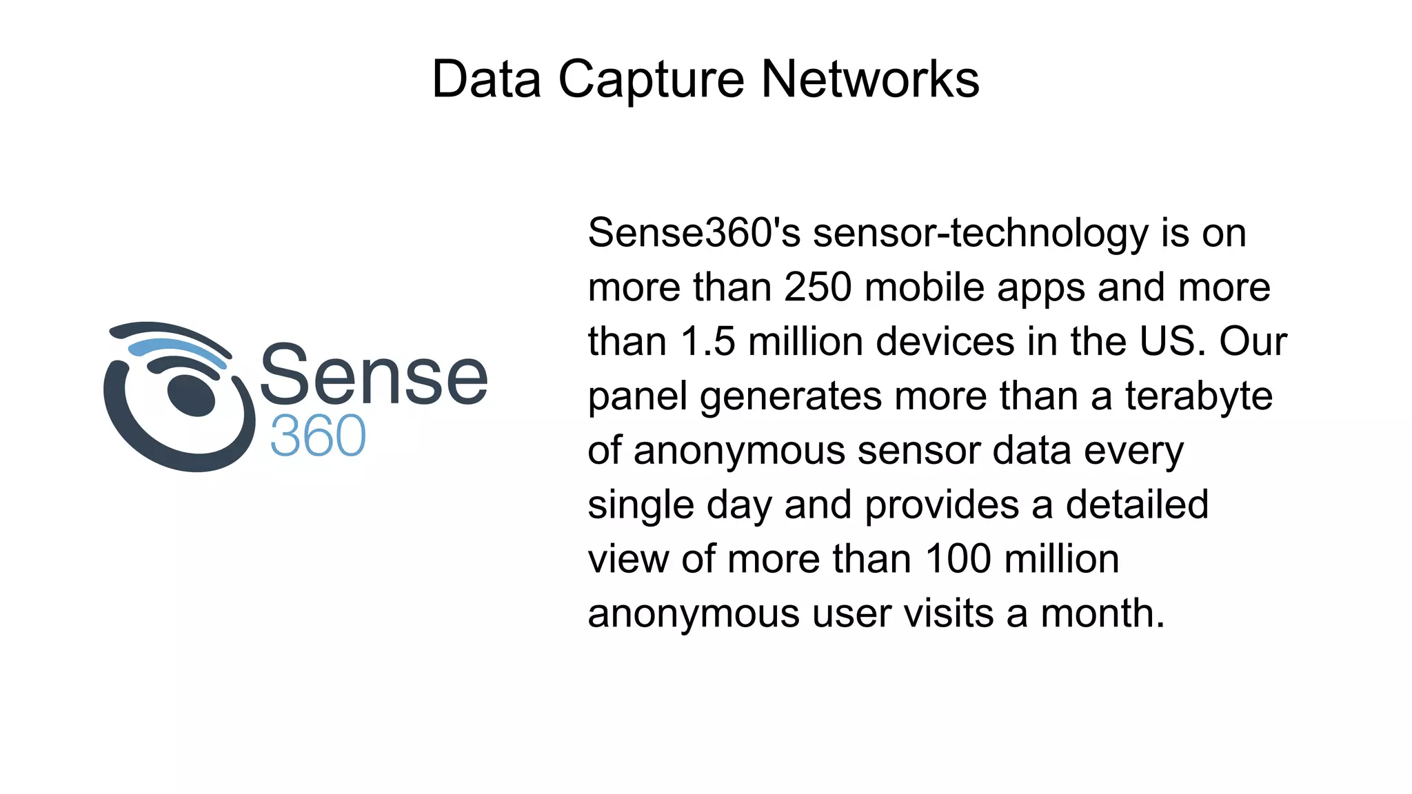 Data Capture Networks
Sense360's sensor-technology is on
more than 250 mobile apps and more
than 1.5 million devices in the US. Our
panel generates more than a terabyte
of anonymous sensor data every
single day and provides a detailed
view of more than 100 million
anonymous user visits a month.
 