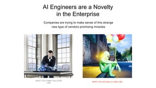 AI Engineers are a Novelty
in the Enterprise
Companies are trying to make sense of this strange
new type of vendors promising miracles
WHAT YOU THINK YOU LOOK
LIKE
WHAT YOU ACTUALLY LOOK LIKE
 