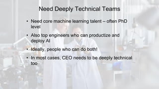 Need Deeply Technical Teams
• Need core machine learning talent – often PhD
level
• Also top engineers who can productize and
deploy AI
• Ideally, people who can do both!
• In most cases, CEO needs to be deeply technical
too
 