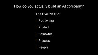 How do you actually build an AI company?
The Five P’s of AI
| Positioning
| Product
| Petabytes
| Process
| People
 