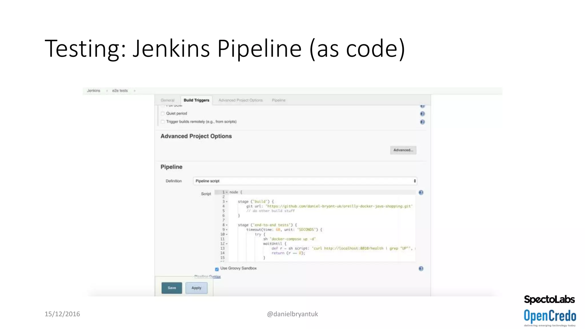 Testing: Jenkins Pipeline (as code)
15/12/2016 @danielbryantuk
 
