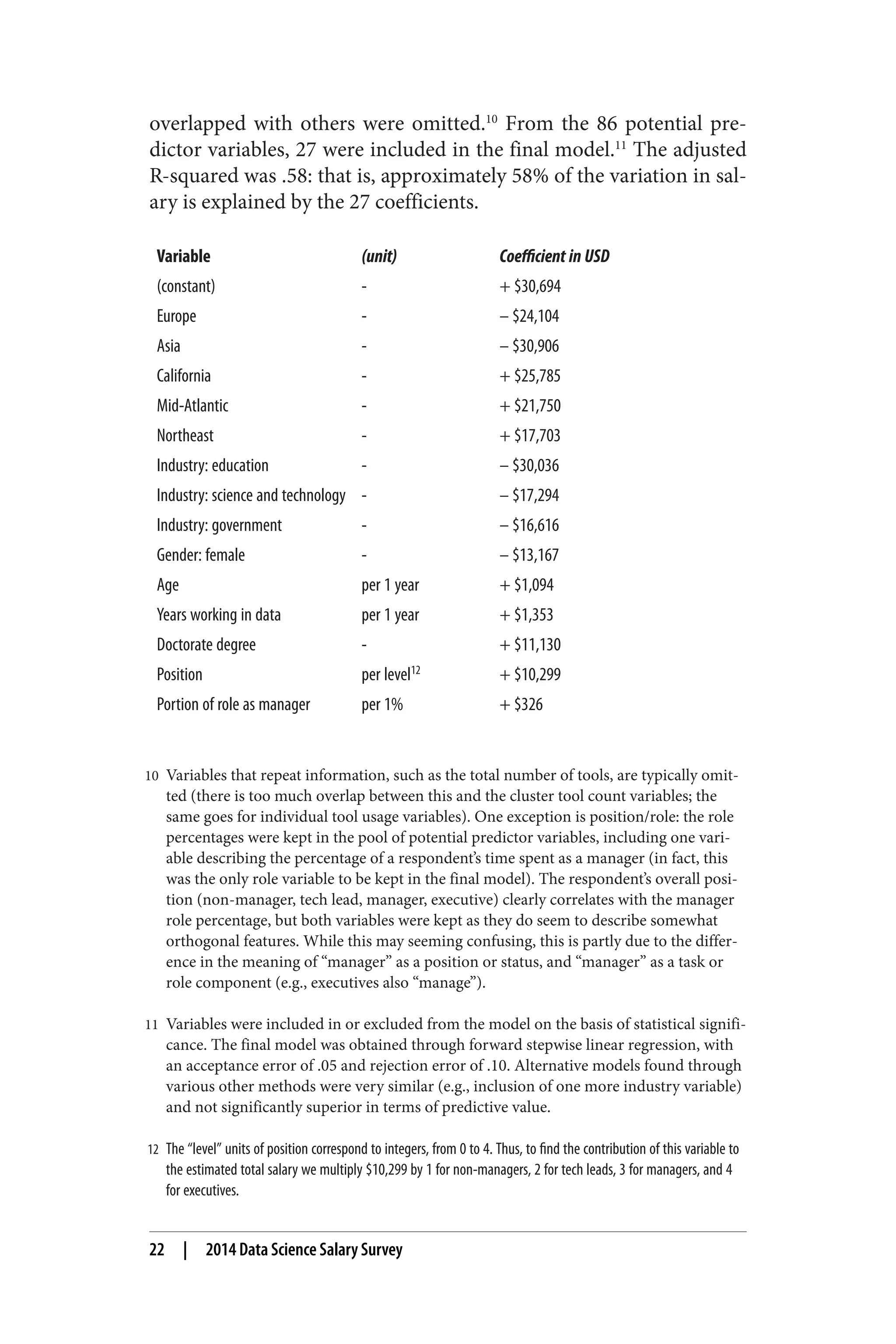 overlapped with others were omitted.10 From the 86 potential pre‐dictor 
variables, 27 were included in the final model.11 The adjusted 
R-squared was .58: that is, approximately 58% of the variation in sal‐ary 
is explained by the 27 coefficients. 
Variable (unit) Coefficient in USD 
(constant) - + $30,694 
Europe - – $24,104 
Asia - – $30,906 
California - + $25,785 
Mid-Atlantic - + $21,750 
Northeast - + $17,703 
Industry: education - – $30,036 
Industry: science and technology - – $17,294 
Industry: government - – $16,616 
Gender: female - – $13,167 
Age per 1 year + $1,094 
Years working in data per 1 year + $1,353 
Doctorate degree - + $11,130 
Position per level12 + $10,299 
Portion of role as manager per 1% + $326 
10 Variables that repeat information, such as the total number of tools, are typically omit‐ted 
(there is too much overlap between this and the cluster tool count variables; the 
same goes for individual tool usage variables). One exception is position/role: the role 
percentages were kept in the pool of potential predictor variables, including one vari‐able 
describing the percentage of a respondent’s time spent as a manager (in fact, this 
was the only role variable to be kept in the final model). The respondent’s overall posi‐tion 
(non-manager, tech lead, manager, executive) clearly correlates with the manager 
role percentage, but both variables were kept as they do seem to describe somewhat 
orthogonal features. While this may seeming confusing, this is partly due to the differ‐ence 
in the meaning of “manager” as a position or status, and “manager” as a task or 
role component (e.g., executives also “manage”). 
11 Variables were included in or excluded from the model on the basis of statistical signifi‐cance. 
The final model was obtained through forward stepwise linear regression, with 
an acceptance error of .05 and rejection error of .10. Alternative models found through 
various other methods were very similar (e.g., inclusion of one more industry variable) 
and not significantly superior in terms of predictive value. 
12 The “level” units of position correspond to integers, from 0 to 4. Thus, to find the contribution of this variable to 
the estimated total salary we multiply $10,299 by 1 for non-managers, 2 for tech leads, 3 for managers, and 4 
for executives. 
22 | 2014 Data Science Salary Survey 
 