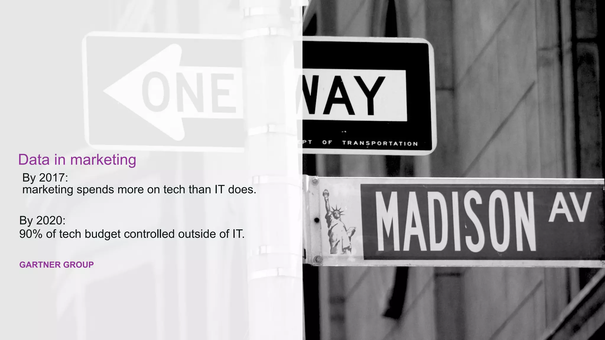 By 2017:
marketing spends more on tech than IT does.
Data in marketing
GARTNER GROUP
By 2020:
90% of tech budget controlled outside of IT.
 