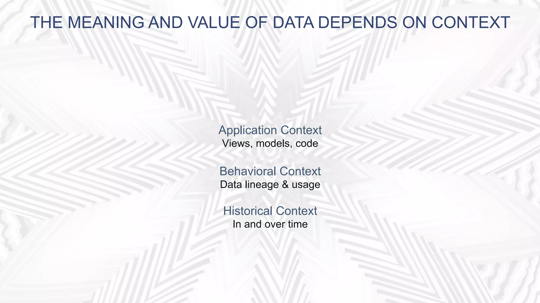THE MEANING AND VALUE OF DATA DEPENDS ON CONTEXT
Application Context
Views, models, code
Behavioral Context
Data lineage & usage
Historical Context
In and over time
 