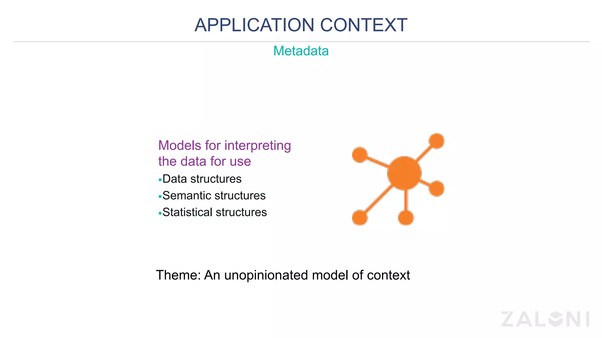 APPLICATION CONTEXT
Metadata
Models for interpreting
the data for use
§ Data structures
§ Semantic structures
§ Statistical structures
Theme: An unopinionated model of context
 